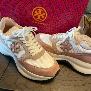 Tory Burch Pink and White Suede & Mesh Platform Sneakers